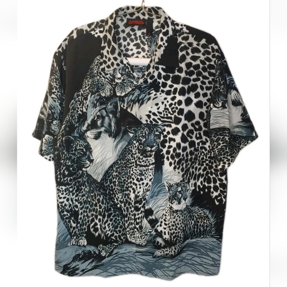Y2k Camp Shirt Men XL Cat Pride Mama Leopard Cubs Black Button Front Vtg 90s AOP